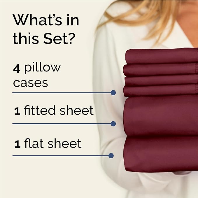 Full 6 Piece Sheet Set - Cooling, Comfy & Breathable - Hotel Luxury Bedding, Includes Fitted Sheet for Women, Men, Kids and Teens - 1 Flat, 1 Fitted Sheet, 4 Pillowcases with Deep Pockets - Burgundy
