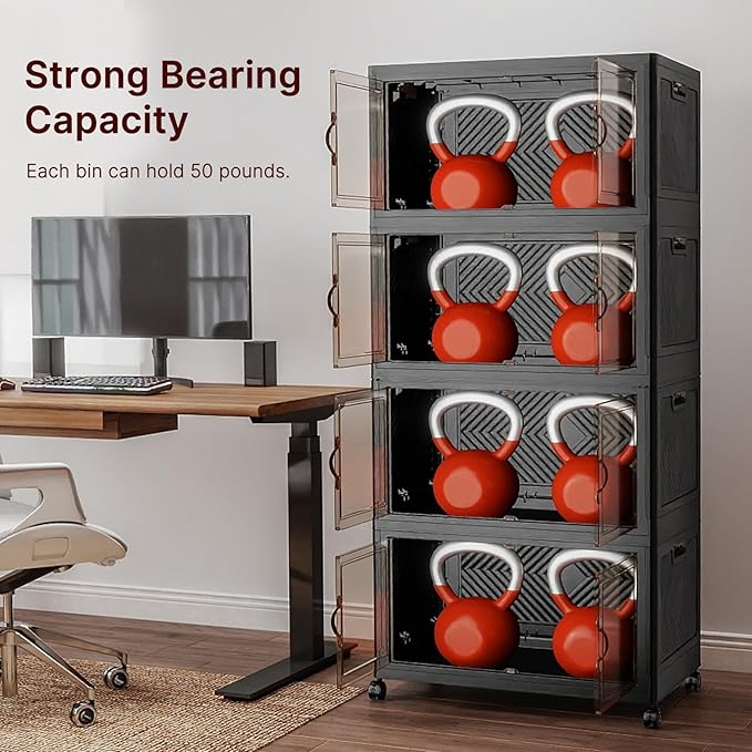 960Qt Stackable Storage Bins with Lids, 8 Pack Large Collapsible Bins with Wheels, Plastic Cabinet with Doors, Foldable Closet Organizers and Storage for Home, Dorm, Office, Black