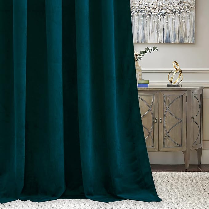RYB Home Velvet Curtains 120 inches 2 Panels Set - Super Soft Durable Window Drapes Room Darkening Energy Smart Back Tap for Apartment Villa Room Backdrops, Peacock Blue, W52 x L120, 2 Panels