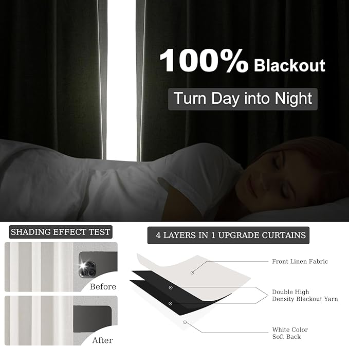 Topfinel 90 Inches Long Full Blackout Linen Curtains for Bedroom, Pinch Pleated Sound Block Curtains, Birch Decorative Elegant Farmhouse Lined Drapes 2 Panels Set for Living Room Sliding Door