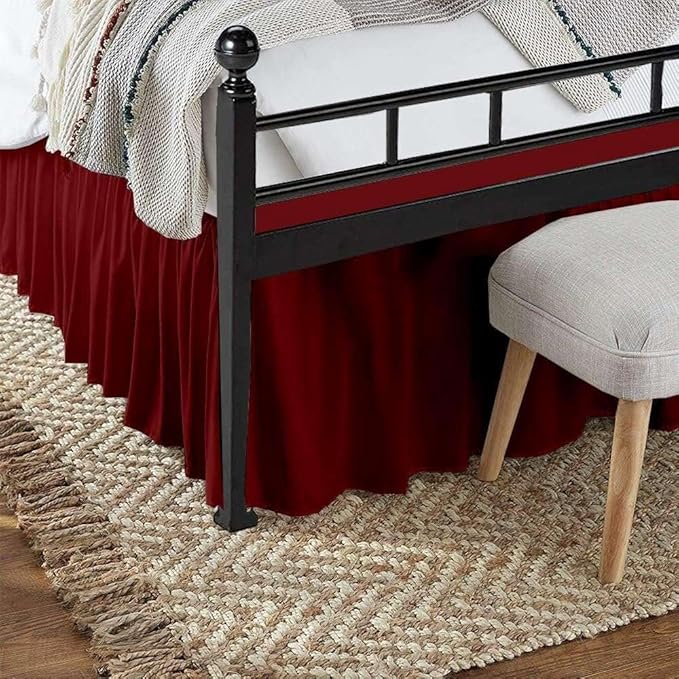 Burgundy Solid Queen Size Ruffled Bed Skirt 18 inch Drop Split Corner, Microfiber Bedskirt with Platform Three Sided Coverage