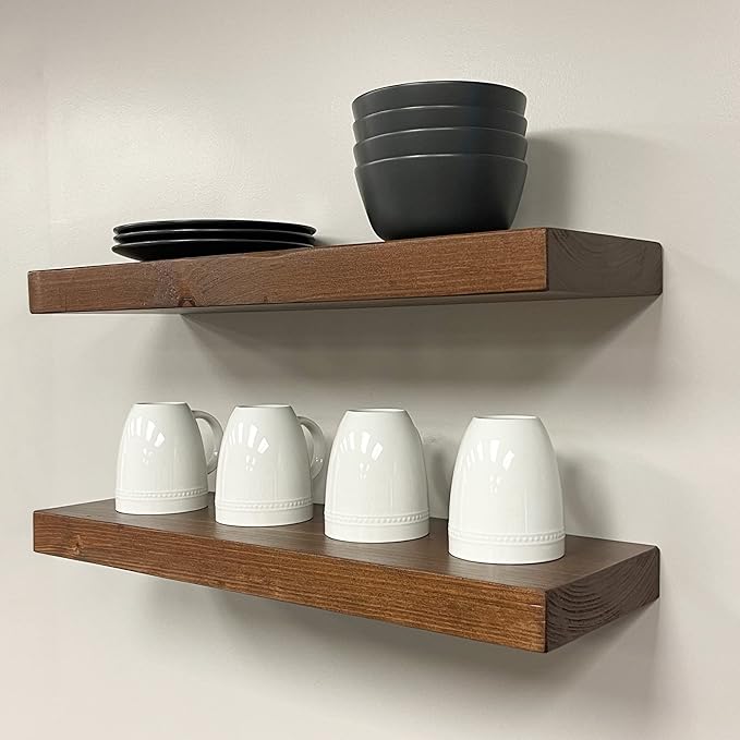 URBANDI, Rustic Floating Shelves, Set of 2, Hidden Bracket, Solid Wood, Heavy Duty, Wall Mounted Shelves, (Provincial, 12Wx8D)