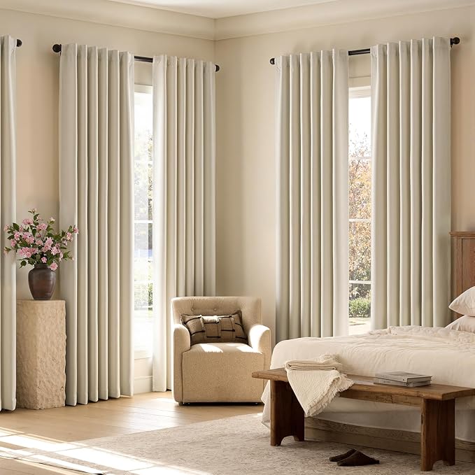 jinchan Chenille Blackout Curtains 96 Inches Long Beige Thermal Insulated Curtains for Living Room Bedroom 2 Panels Triple-Weave Noise Reducing Drapes Back Tab Full Privacy Window Curtains 50x96 Inch