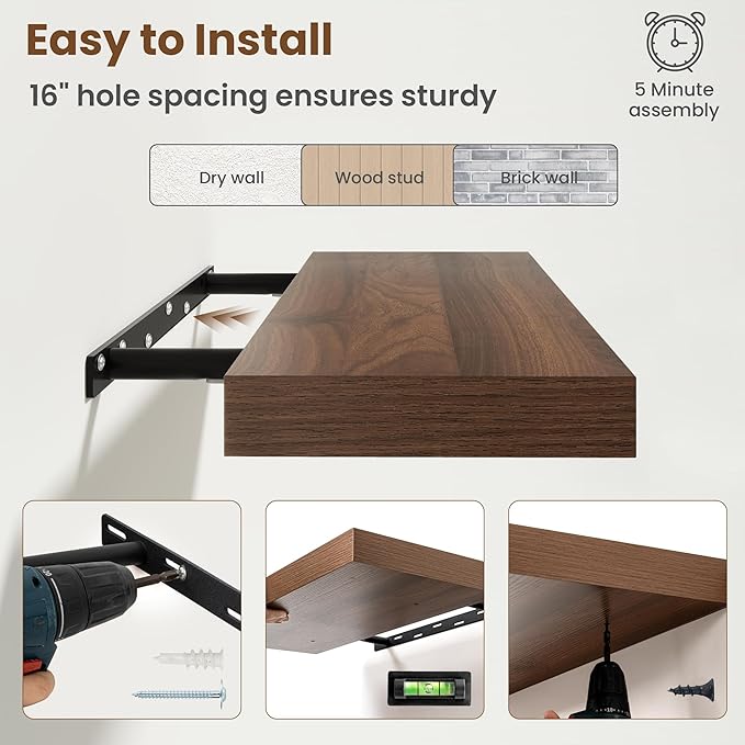 Axeman Square Floating Shelves for Wall, 8" W x 8" D x 1.4" H Rustic Wooden Wall Shelves, 4 Pack Wall Mounted Floating Shelf with Invisible Brackets for Living Room, Bathroom, Kitchen, Walnut Color