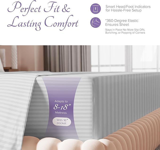 Carressa Linen Luxury Egyptian Cotton Twin Stripe Sheet Set - 600 Thread Count Extra Long Staple 3 PC Set, Twin Damask Sheets, Soft, Cooling Sateen Weave Striped Sheets Upto 18" Deep Pocket - Silver