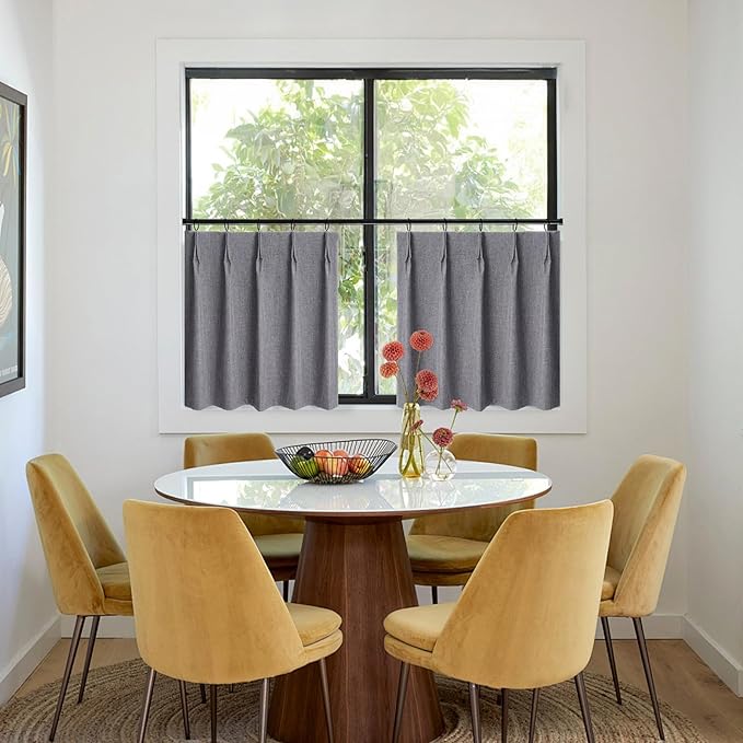 WdFour 24x30 Inch Pinch Pleated Blackout Cafe Curtains - Pack of 2, 100% Light Blocking Back Tab Drapes for Half Windows, Kitchen & Bathroom Short Curtains in Dark Gray