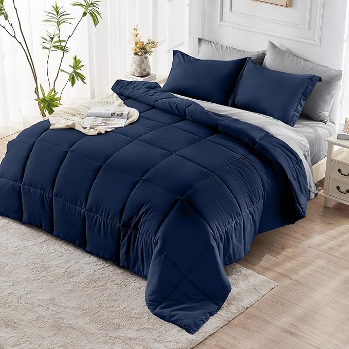 JOLLYVOGUE Full Comforter Set, Ultra-Soft Bed in a Bag Full Size 7 Pieces, Oeko-TEX Certified Bedding Set with Down Alternative Comforter, Sheets, Pillowcases & Shams, Navy Blue & Light Grey