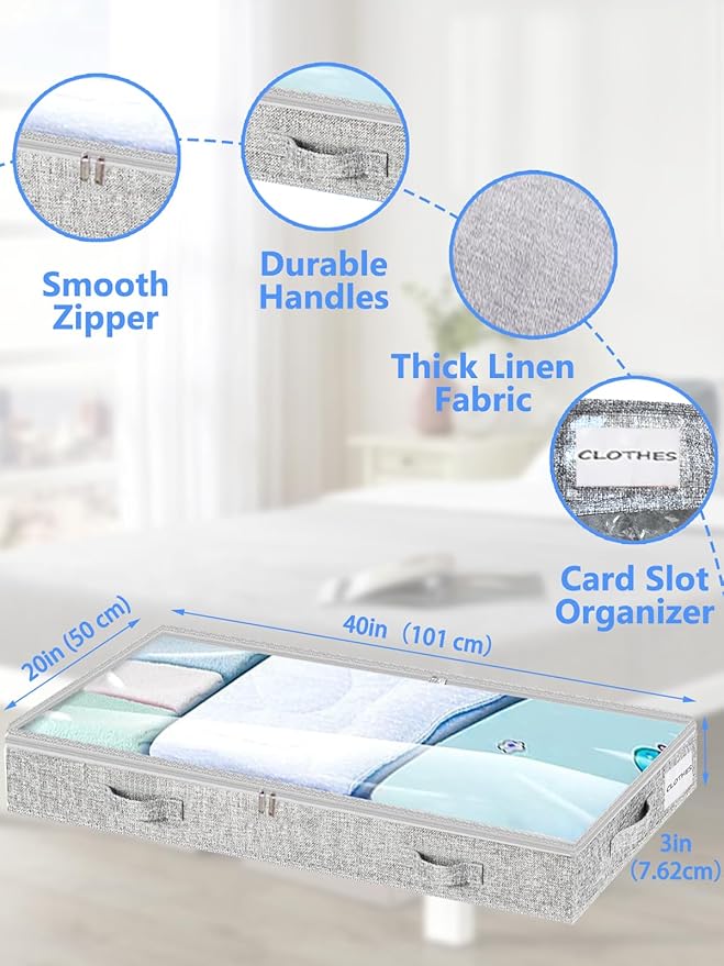 Low Profile Under Bed Storage, 3-Inch High Foldable Underbed Storage Bins with Lid & Zipper, No Structure, Super Slim Clothes Organizer for Crib Dorm Couch Low Bed, 2-Pack, Clear Top