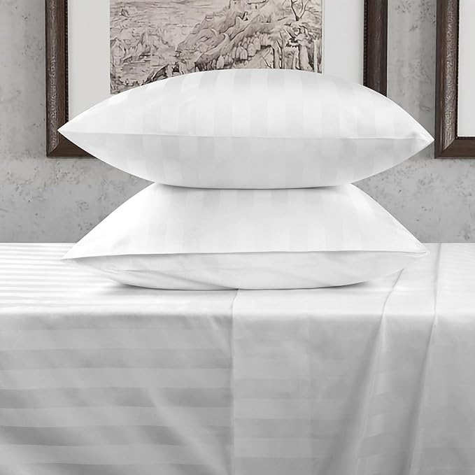 URBANHUT 800 Thread Count 100% Cotton Damask Twin Size Sheets, 4 Piece Striped Twin Size Bedsheets, Luxury Hotel Sheets Sateen Weave - Better Than Egyptian, 14" Elasticized Deep Pocket- White