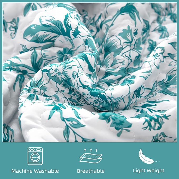 WONGS BEDDING Quilt Queen Size, Teal Quilt Bedding Set with 2 Pillowcases, Botanical Quilt for Queen Bed, Soft Microfiber Lightweight Coverlet Bedspread for All Season (96"×90", 3 Pieces)