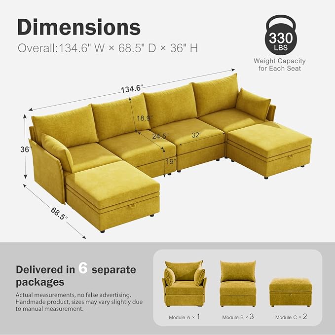 ABCASA 134.6" Oversized Modular Sectional Sofa, 6 Seater U Shaped Couch with Storage Ottoman with Reversible Chaise Deep Seat for Living Room, Apartment - Chenille Yellow