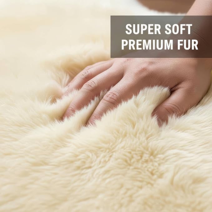 Premium Genuine Sheepskin Rug 6' x 8' Long Fur Soft & Natural Shaggy Living Room Rug, Champagne Cream, Eight Pelt