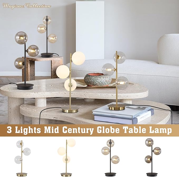 Modern Glass Globe Table Lamp 3 Lights Mid Century Small Gold Desk Lamp Contemporary Minimalist Brass Bedside Table Lamps with White Glass Shade Reading Lamp for Bedroom Office G9 MTL03-W