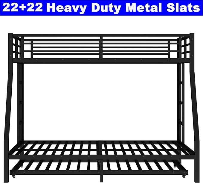 Upgraded Version Thicken Heavy Duty Metal Twin Over Full Bunk Bed with Twin Size Trundle, Modern Style Stronger Bunk Bed Frame Twin Over Full Size for Adults, Easy Assembly (Twin/Full)