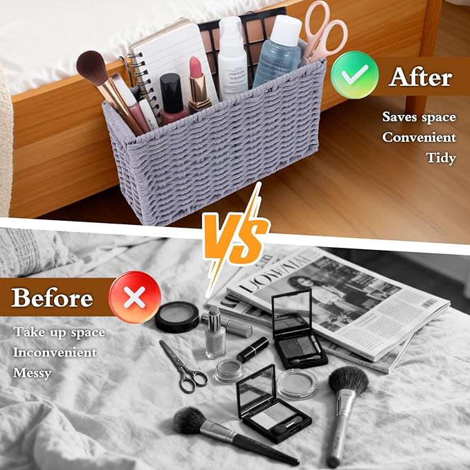 Cotton Rope Woven Bedside Caddy for Dorm Bed, Foldable Bedside Shelf Bunk Bed Accessories, College Dorm Room Essentials Hanging Organizers Storage Basket, Room Decor Magazine File Holder (Pink)