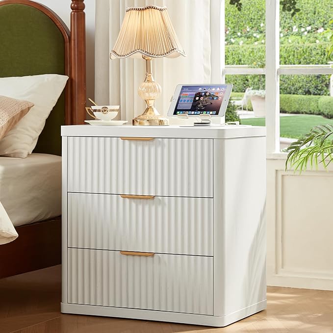 LEYAOYAO Fluted Dresser and 3 Drawers Nightstand Set of 2, Wood 48" Wide Dresser & 23" Night Stand with Charging Station, 3 Piece Bedroom Furniture Set, Chest of Drawers for Living Room,Antique White