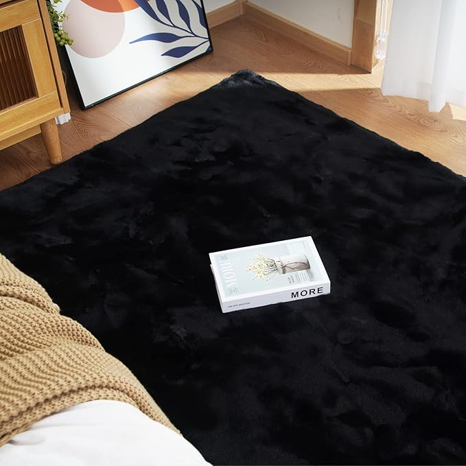 Latepis 5x7 Area Rugs Black Fluffy Washable Faux Fur Rug Shaggy Rabbit Fuzzy Shag Rug for Living Room Floor Nursery Bedroom Large Rugs Home Decor