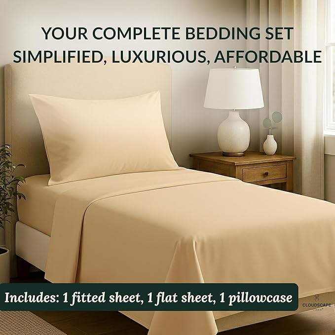 Cloud Scape Linen 100% Egyptian Cotton Sheets Twin Size, 3 Pieces Luxury Bedding Set, 400 Thread Count,Hotel Quality, Silky Soft, Breathable and Durable, Deep Pockets up to 15, Linen