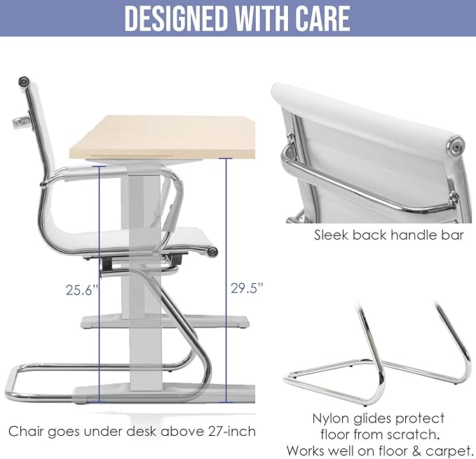 Wahson Office Guest Chairs Set of 4, Leather Reception Chairs, Mid Back Waiting Room Chair, Conference Chairs with Sled Base, Desk Chair No Wheels for Meeting/Lobby/Restroom, White