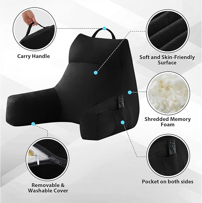 IPYNBAP Reading Pillow with Arms for Adult, Back Pillow for Bed Sitting Up, Shredded Memory Foam Backrest Pillow with Pockets & Removable Washable Cover, Lounging, Watching TV, Reading(20" Black)