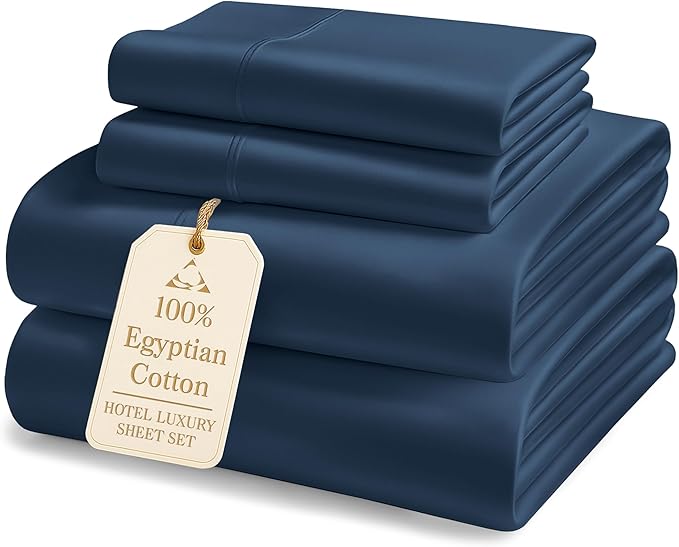 100% Egyptian Cotton Queen Bed Sheets Set - 1000 Thread Count Autthentic Long Staple Cotton Bed Sheets, Breathable Winter Comfort, Ultra-Soft Hotel Luxury Comfort with 15" Deep Pocket - Estate Blue