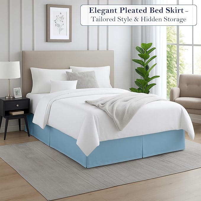 Full Bed Skirt, Luxury 18 Inch Drop Light Blue Pleated Bed Skirt, Double Brushed Microfiber, Box Pleat Design, Wrinkle & Fade Resistant, Easy Fit Tailored Bedskirt for Full Size Beds