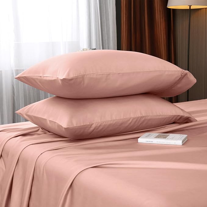 California King Sheets, Rayon Derived from Bamboo, Cooling Bed Sheets Set,Deep Pocket Up to 16", 4 Pieces Silky Soft, Breathable Bedding Sheets & Pillowcases(Pink,California King)