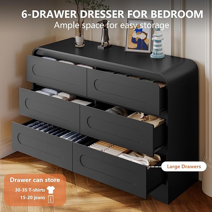 3 Piece Bedroom Set, Dresser and Nightstand Sets for Bedroom, Wood 6 Drawer Dresser & Night Stand Set of 2, Wide Chest of Drawers Modern Storage Cabinet Bedroom Furniture Set (Black)