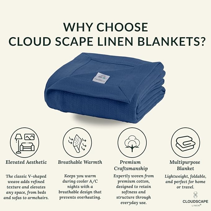 Cloud Scape Linen 100% Cotton Blanket Twin 68x92 Ensign Blue - Cozy Herringbone Weave, Fits Up to Twin XL Size Beds, Breathable Softness, All-Season Warmth, Winter Blanket, Bedding Gift Choice