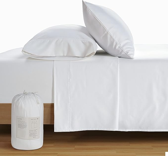 LANE LINEN King Size Sheets Set – 600 Thread Count Long-Staple 100% Cotton Sheets, Naturally Cool & Durable for Everyday Use, 15" Deep Pocket Fitted Sheet with All-Around Elastic for Snug Fit – White