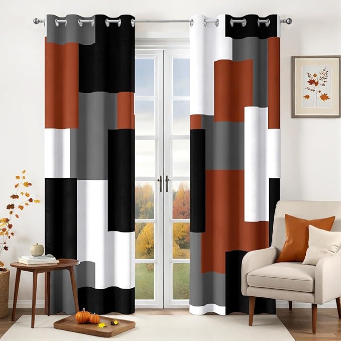 Burnt Orange 100% Blackout Curtains for Bedroom 96 inch Length 2 Panels Set Rust Modern Abstract Geometric Black Out Curtains Insulated Room Darkening Window Drapes for Living Room, 52Wx96L