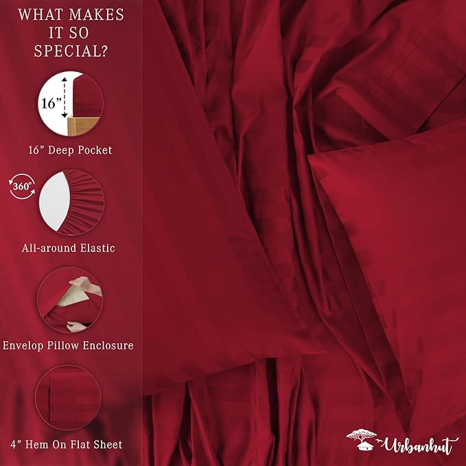 URBANHUT 800 Thread Count 100% Cotton Damask Queen Size Sheets, 4 Piece Striped Queen Size Bedsheets, Luxury Hotel Sheets Sateen Weave - Better Than Egyptian, 16" Elasticized Deep Pocket- Burgundy
