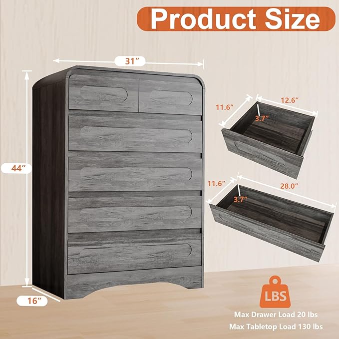 5 Piece Bedroom Sets, Modern Dresser and Nightstand Sets & Bookshelf with Safe Curved Design, Including Tall Bookshelf High & Wide 6 Drawer Dressers and Night Stand Set of 2 for Bedroom, Grey