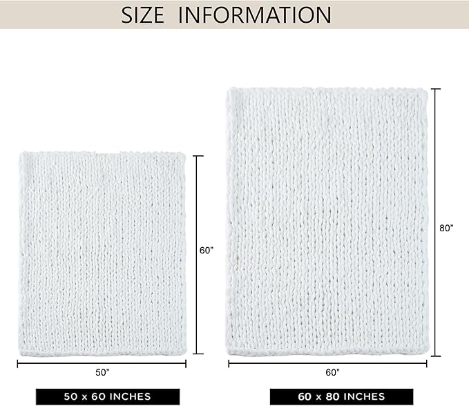 Chunky Knit Throw Blanket 50"X 60", 100% Handmade with Soft Chenille Yarn, 4.4lbs Thick Cable Knitted Blankets, Large Rope Knot Crochet Throws for Couch Sofa Bed Home Decor, Snow White