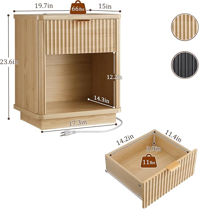 LYNCOHOME Fluted Nightstand Set of 2 with Charging Station, Bedside Table for Bedroom with 1 Drawer Storage, Night Stand for Bedroom（Natural）