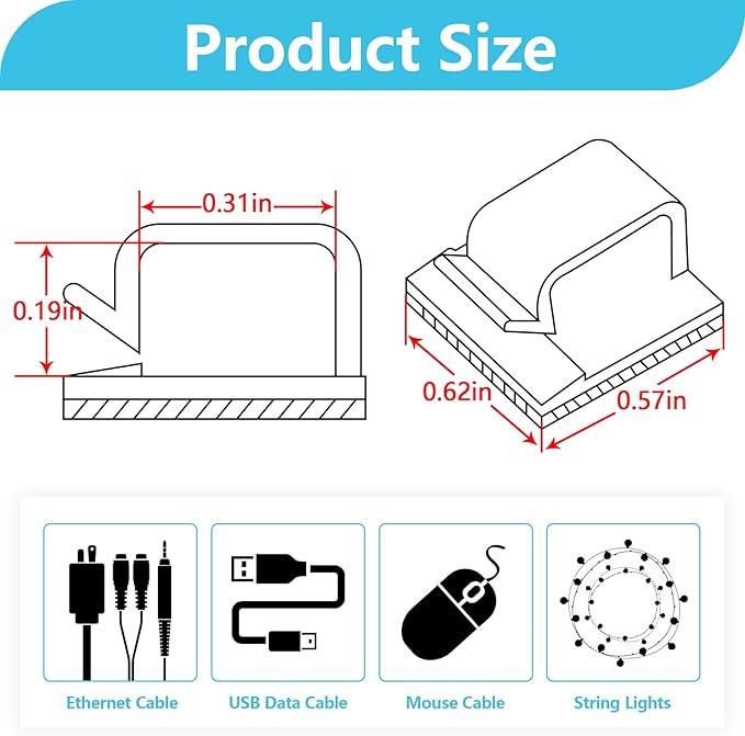 Abnii 100PCS Adhesive Cable Clips, Wire Holder Organizer, Cord Management, Cable Staples, Christmas String Lights, White, Small