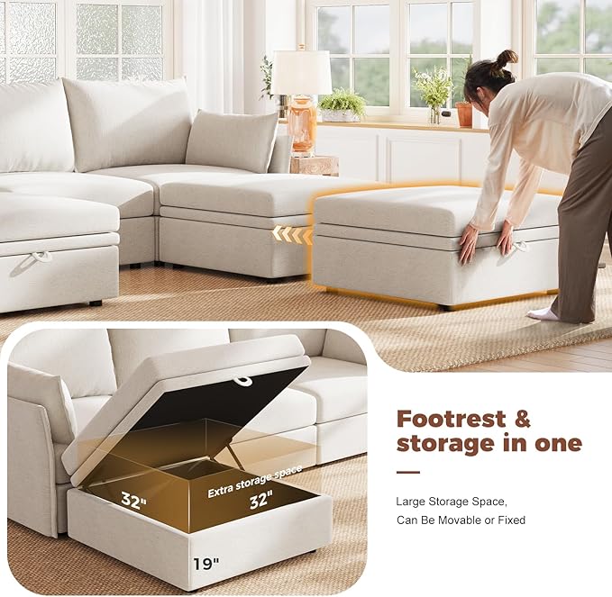 ABCASA Luxury Modular Sectional Sofa, L-Shaped 3-Seat Couch with Storage Ottoman Deep Seat & Reversible Chaise Lounge Chenille White for Compact Spaces, Apartments, Dorm