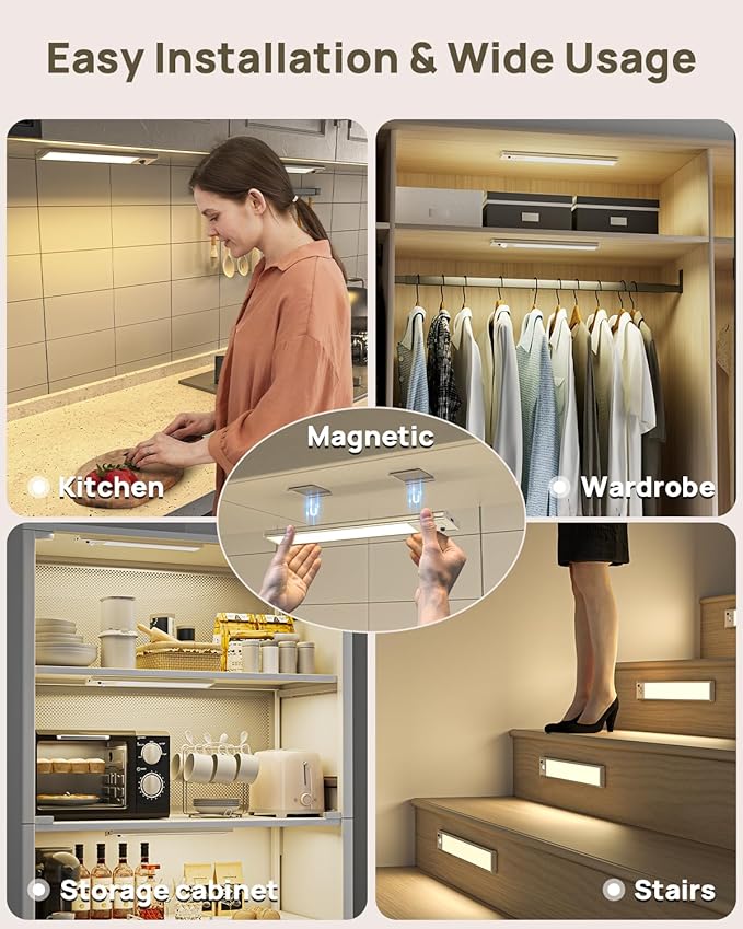 Under Cabinet Lights Wireless,Motion Sensor Light Indoor with Remote Control,2500mAh LED Rechargeable Battery Operated Closet Light,3 Color Temps,Under Counter Lights for Kitchen,Stairs,4 Pack