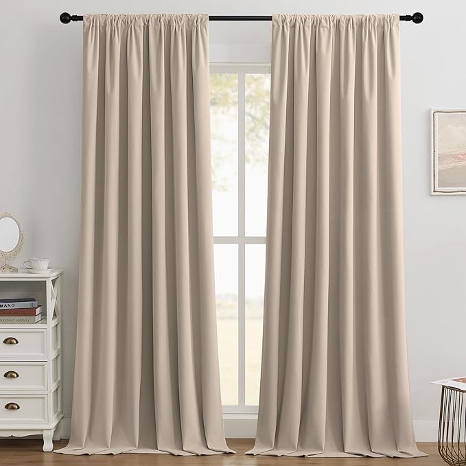 Joydeco Beige 100% Blackout Curtains 102 Inch 2 Panels, Luxury Thermal Beige Velvet Curtains for Bedroom Living Room, Soundproof Blackout Window Drapes, Rod Pocket & Back Tab (52W x 102L)