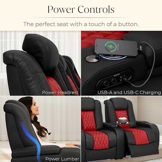 Seatcraft Diamante Zero-Gravity CoolZero Italian Leather Home Theater Seating, Power Headrest, Power Recline, Row of 2 Loveseat, Black/Red