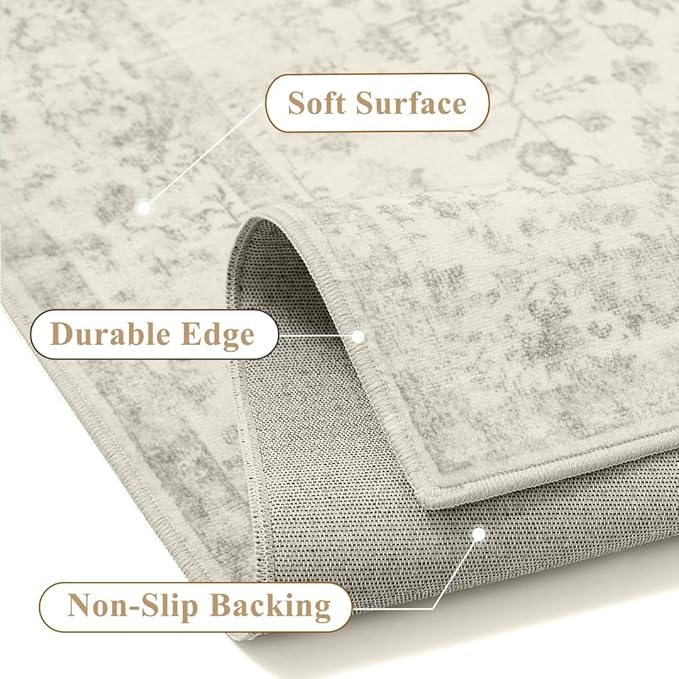 4x6 Grey Area Rug Non Slip Vintage Office Entryway Rug Distressed Machine Washable Kitchen Carpet Traditional Retro Floral Accent Throw Door Mat for Bedroom Bathroom Dining Living Room
