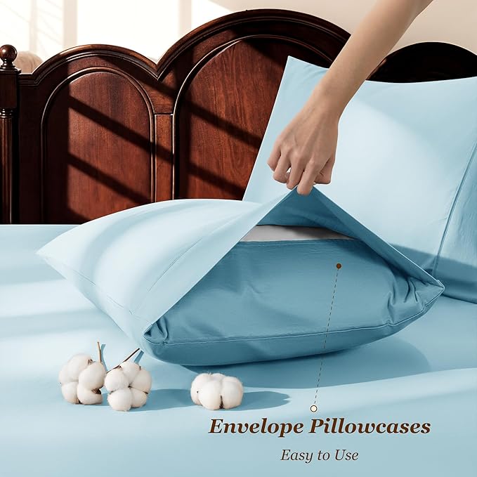 LBRO2M 1000 Thread Count 100% Egyptian Cotton Sheets Set King Size, 4 Piece Sets Bed Sheet Deep Pocket Sheet Set 16" Soft Comfortable All Season (King, Light Blue)
