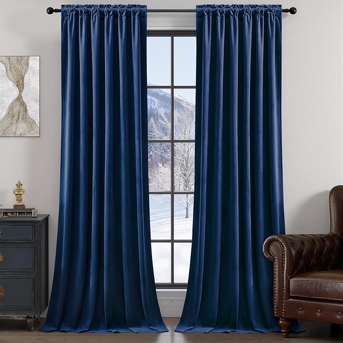 Navy Blue Velvet Blackout Curtains Extra Long Super Soft Room Darkening Drapes Elegant Thermal Insulated Sound Reducing Curtain for Bedroom Living Room, Back Tab Rod Pocket, W52 x L102, 2 Panels