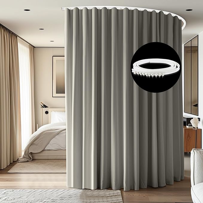 Room Divider Ceiling Mounted Curtains Track Sets Extra Wide Blackout Curtain Flexible Tracks for Bedroom Privacy Partition Separator, 1 Panel Light Grey Drape and White Rail, W12.5 x H8ft