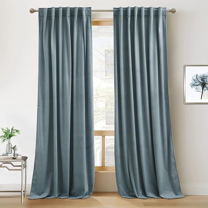 RYB Home Blue Velvet Curtains 108 inches - Blackout Curtains for Living Room, Thermal Insulated Noise Reducing Panels Soft Luxury Window Decor for Bedroom, Stone Blue, W52 x L108 inches, 2 Panels