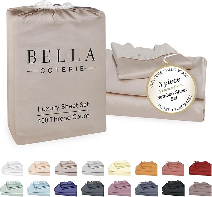 Bella Coterie Luxury Bamboo Viscose Twin XL Size Sheet Set | 100% Organically Grown | Ultra Soft | Cooling for Hot Sleepers | 18" Deep Pocket [Dune]