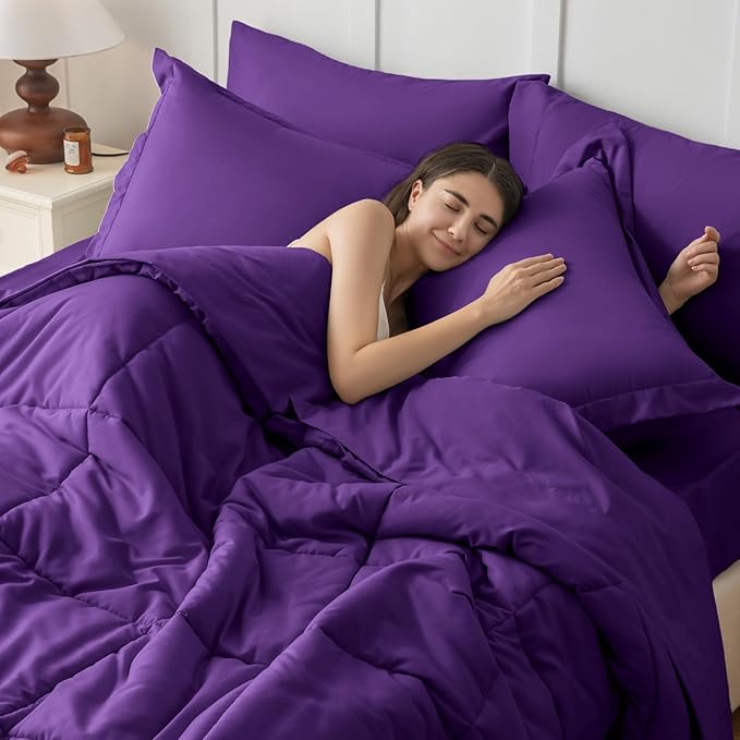 JOLLYVOGUE King Comforter Set, Ultra-Soft Bed in a Bag King Size 7 Pieces, Oeko-TEX Certified Bedding Set with Down Alternative Comforter, Sheets, Pillowcases & Shams, Purple