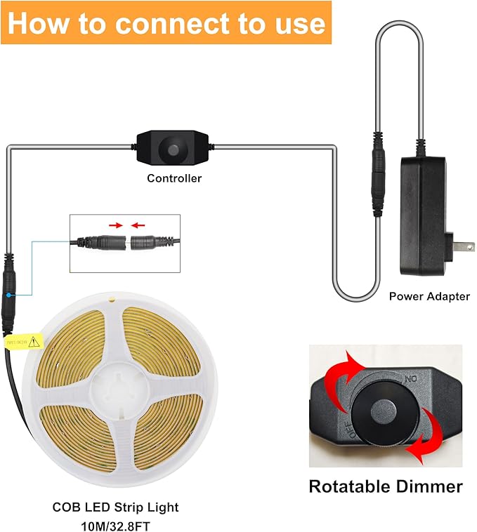 32.8ft COB LED Strip Lights 4000K Dimmable, High CRI 93+ with Power Adapter, Flexible Light Strips for Bedroom, Room, Kitchen, Mirror （Remote Control not Included）