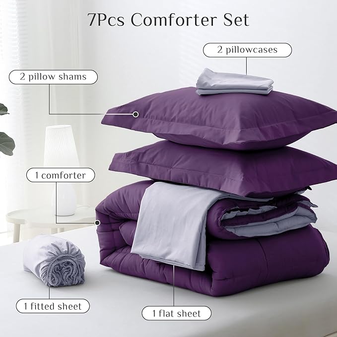 JOLLYVOGUE King Comforter Set, Ultra-Soft Bed in a Bag King Size 7 Pieces, Oeko-TEX Certified Bedding Set with Down Alternative Comforter, Sheets, Pillowcases & Shams, Purple & Lavender