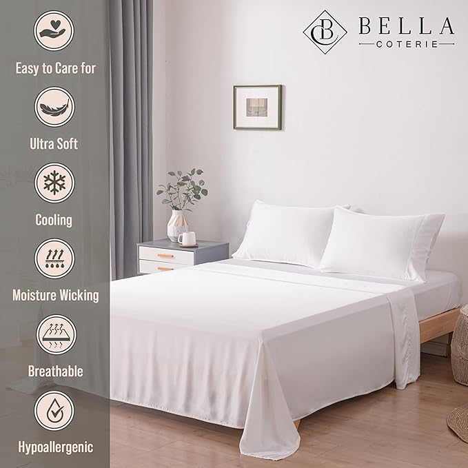 Bella Coterie Luxury Bamboo Viscose Cal King Size Sheet Set | 100% Organically Grown | Ultra Soft | Cooling for Hot Sleepers | 18" Deep Pocket [White]
